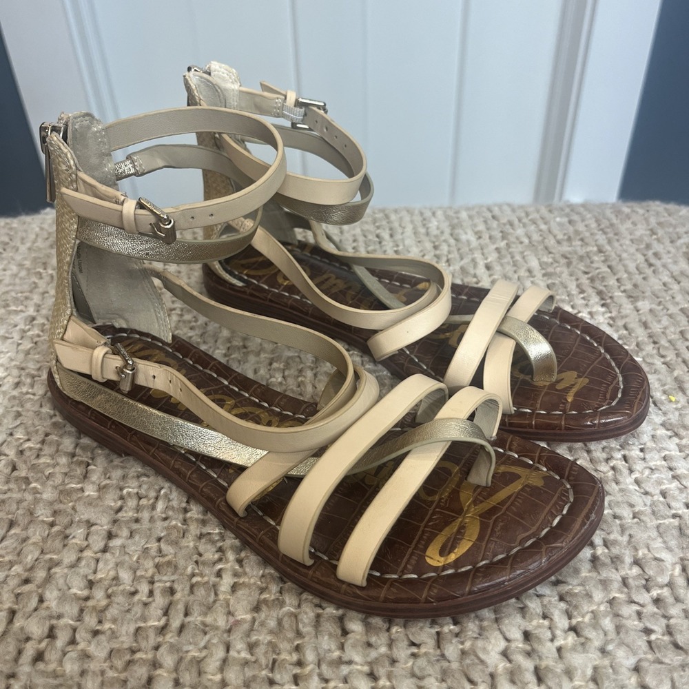 Sam Edelman Woman's 2 Tone‎ Gibbs Gold Metallic/Bone Strappy Sandals 7M Heel Zip